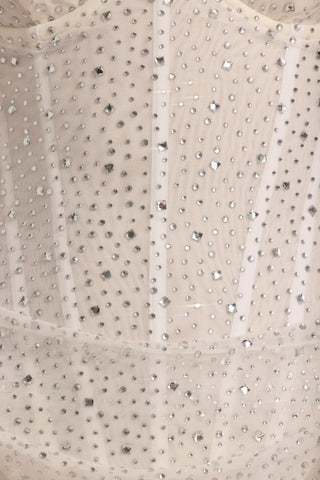 Semi-Sheer Embellished Draped Corset Mini Dress in White