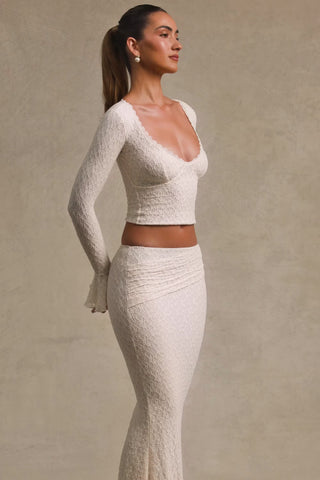 Ruffle Long-Sleeve Lace Top in Ivory