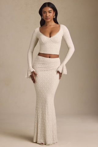 Ruffle Long-Sleeve Lace Top in Ivory