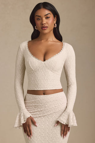 Ruffle Long-Sleeve Lace Top in Ivory