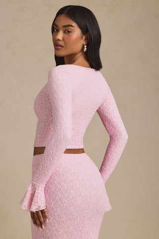 Ruffle Long-Sleeve Lace Top in Soft Pink