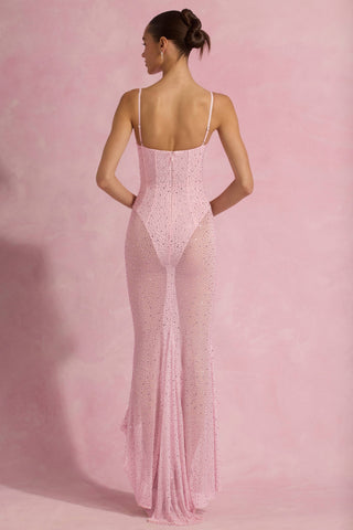 Semi-Sheer Embellished Corset Gown in Pink