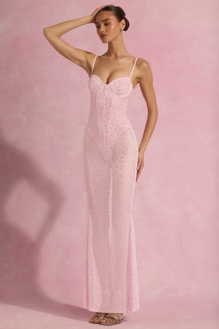 Semi-Sheer Embellished Corset Gown in Pink