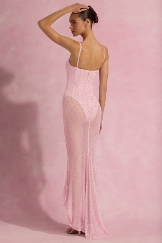 Semi-Sheer Embellished Corset Gown in Pink