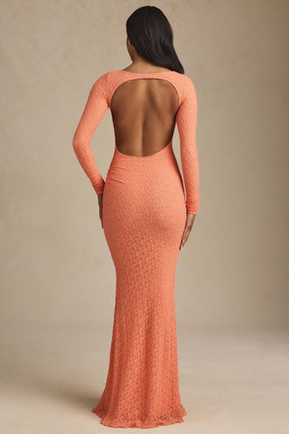 Ruched Backless Lace Maxi Dress in Peach