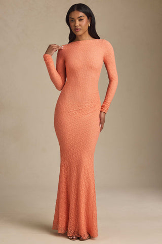 Ruched Backless Lace Maxi Dress in Peach