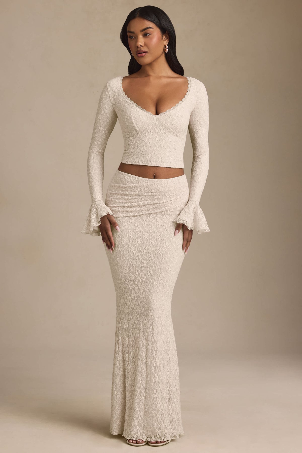 Draped Low-Rise Lace Maxi Skirt in Ivory