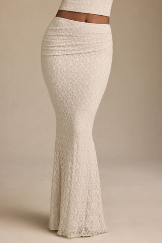 Draped Low-Rise Lace Maxi Skirt in Ivory