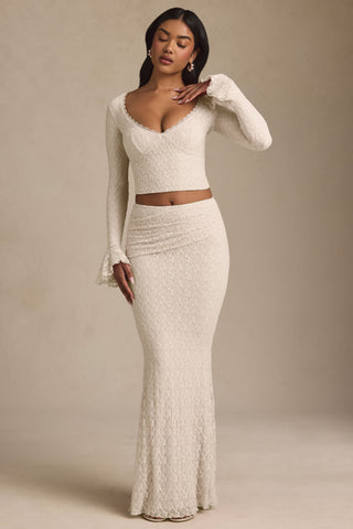 Draped Low-Rise Lace Maxi Skirt in Ivory