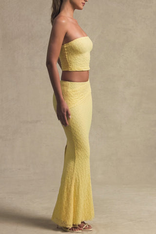 Draped Low-Rise Lace Maxi Skirt in Pastel Yellow