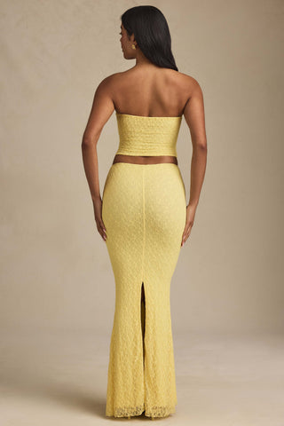 Draped Low-Rise Lace Maxi Skirt in Pastel Yellow