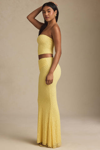 Draped Low-Rise Lace Maxi Skirt in Pastel Yellow
