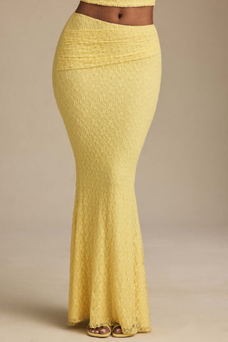 Draped Low-Rise Lace Maxi Skirt in Pastel Yellow