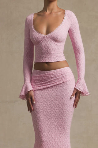 Draped Low-Rise Lace Maxi Skirt in Soft Pink