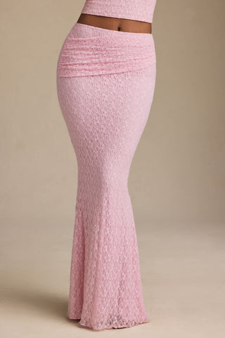 Draped Low-Rise Lace Maxi Skirt in Soft Pink