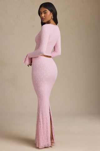 Draped Low-Rise Lace Maxi Skirt in Soft Pink