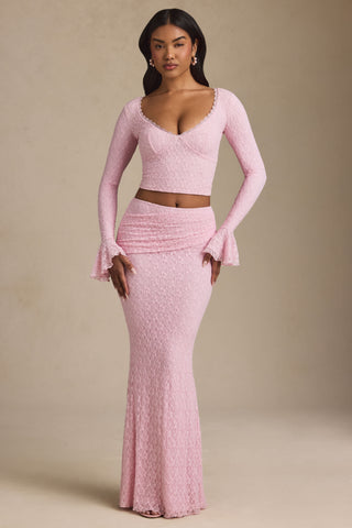 Draped Low-Rise Lace Maxi Skirt in Soft Pink