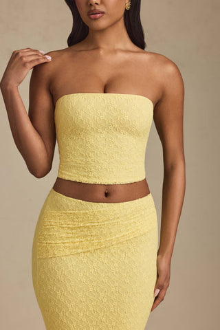 Ruched Strapless Lace Top in Pastel Yellow