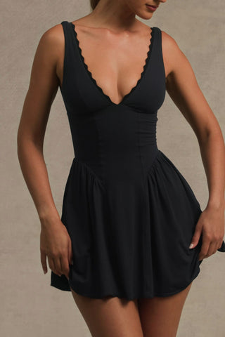 Scallop-Trim A-Line Mini Dress in Black