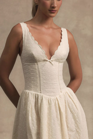 Broderie Anglaise Bow-Detail A-Line Midaxi Dress in Ivory