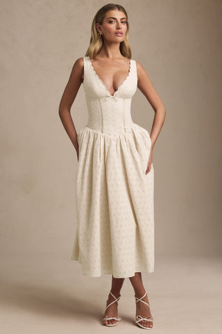 Broderie Anglaise Bow-Detail A-Line Midaxi Dress in Ivory