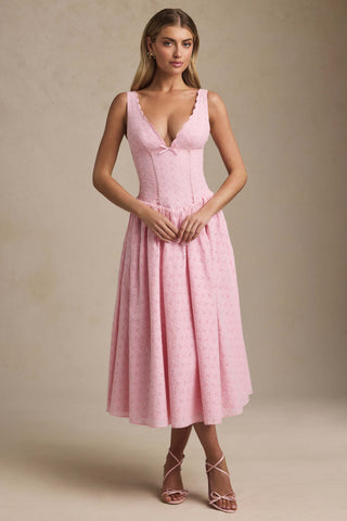 Broderie Anglaise Bow-Detail A-Line Midaxi Dress in Soft Pink