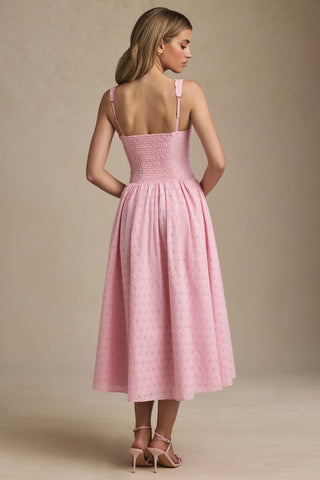 Broderie Anglaise Bow-Detail A-Line Midaxi Dress in Soft Pink