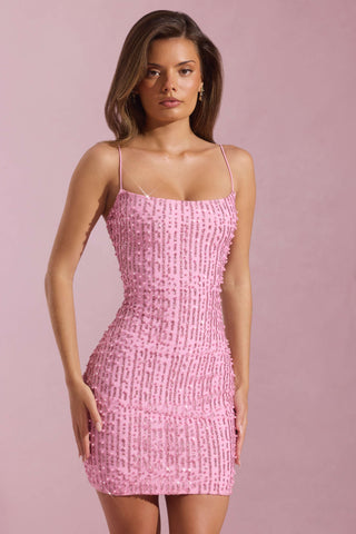 Embellished Scoop-Neck Bodycon Mini Dress in Pink