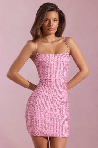 Embellished Scoop-Neck Bodycon Mini Dress in Pink