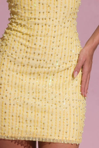 Embellished Scoop-Neck Bodycon Mini Dress in Yellow