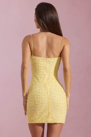 Embellished Scoop-Neck Bodycon Mini Dress in Yellow