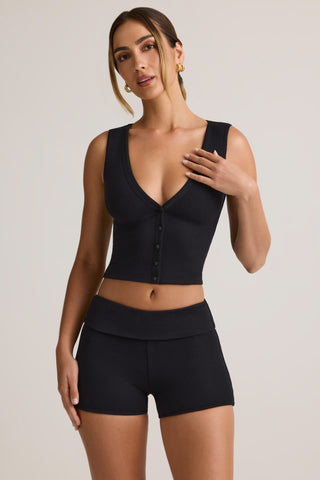 Modal Ribbed Button-Up Vest Top in Black