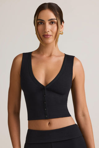 Modal Ribbed Button-Up Vest Top in Black