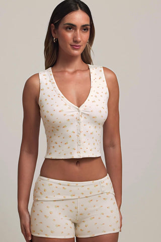 Modal Ribbed Button-Up Vest Top in Floral Print