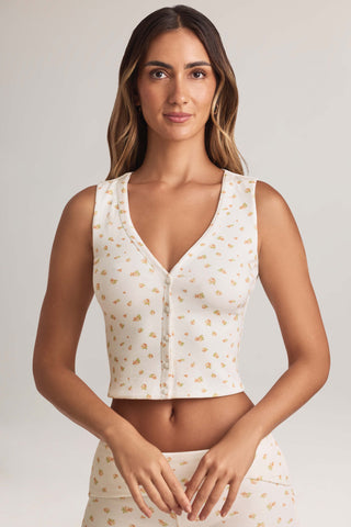 Modal Ribbed Button-Up Vest Top in Floral Print