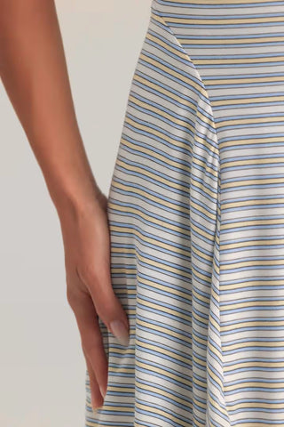 Modal Ribbed Tie-Back A-Line Mini Dress in Blue Yellow Stripe