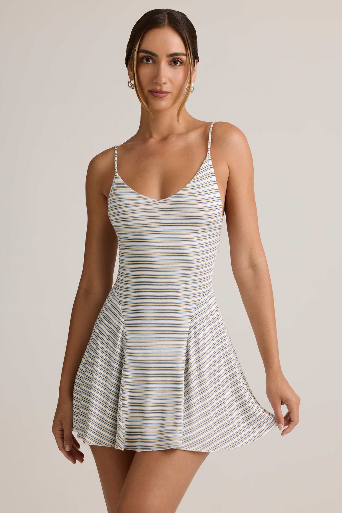 Modal Ribbed Tie-Back A-Line Mini Dress in Blue Yellow Stripe