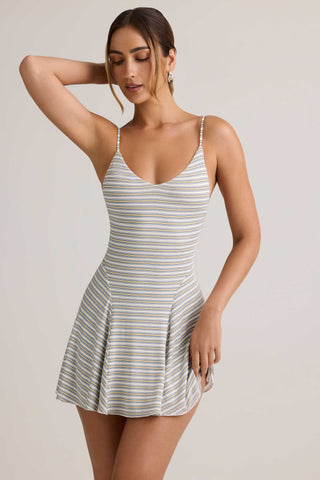 Modal Ribbed Tie-Back A-Line Mini Dress in Blue Yellow Stripe
