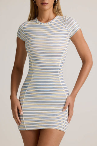 Modal Short-Sleeve Bodycon Mini Dress in Blue Yellow Stripe