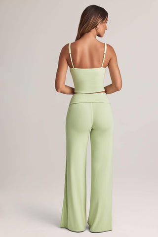 Modal Foldover Wide-Leg Trousers in Sage Green