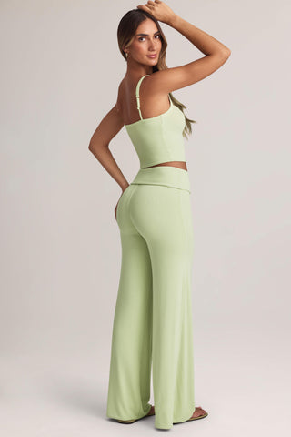Modal Foldover Wide-Leg Trousers in Sage Green