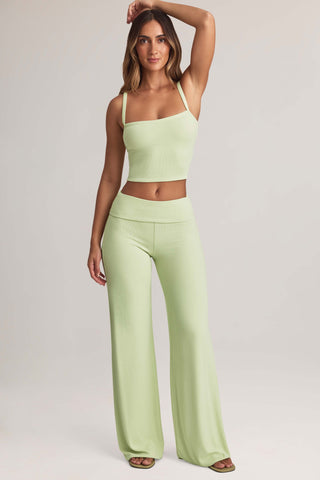 Modal Foldover Wide-Leg Trousers in Sage Green