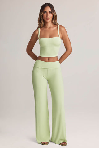 Modal Foldover Wide-Leg Trousers in Sage Green