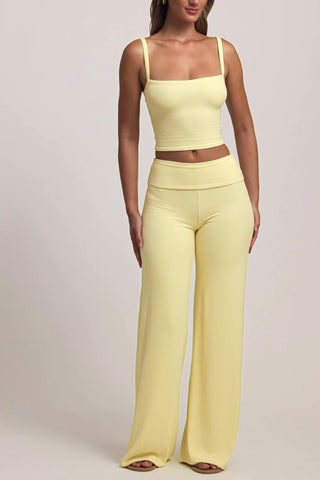 Modal Foldover Wide-Leg Trousers in Lemon Sherbet