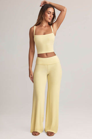 Modal Foldover Wide-Leg Trousers in Lemon Sherbet
