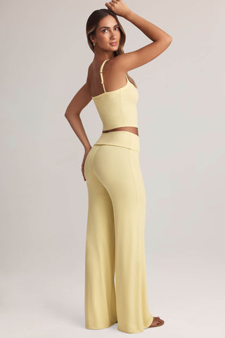 Modal Foldover Wide-Leg Trousers in Lemon Sherbet