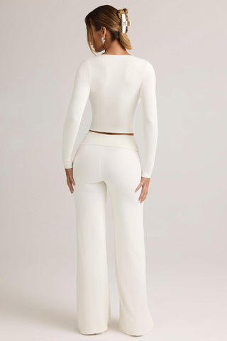 Modal Foldover Wide-Leg Trousers in White
