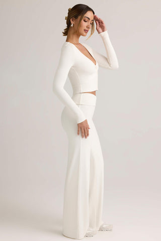 Modal Foldover Wide-Leg Trousers in White