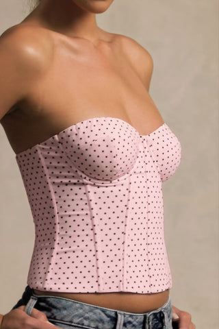 Lace-Up Strapless Corset Top in Pink Polka Dot