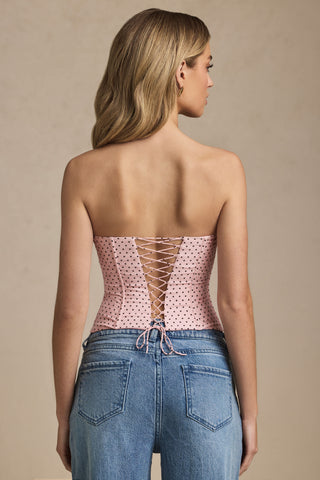 Lace-Up Strapless Corset Top in Pink Polka Dot